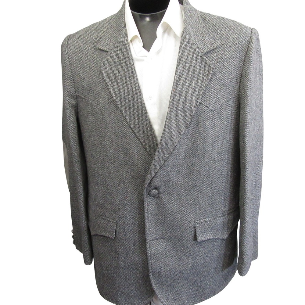 Vintage Western Sport Coat 46R Light Gray Tweed 2 Button Single Vent Yoke - Picture 2 of 11